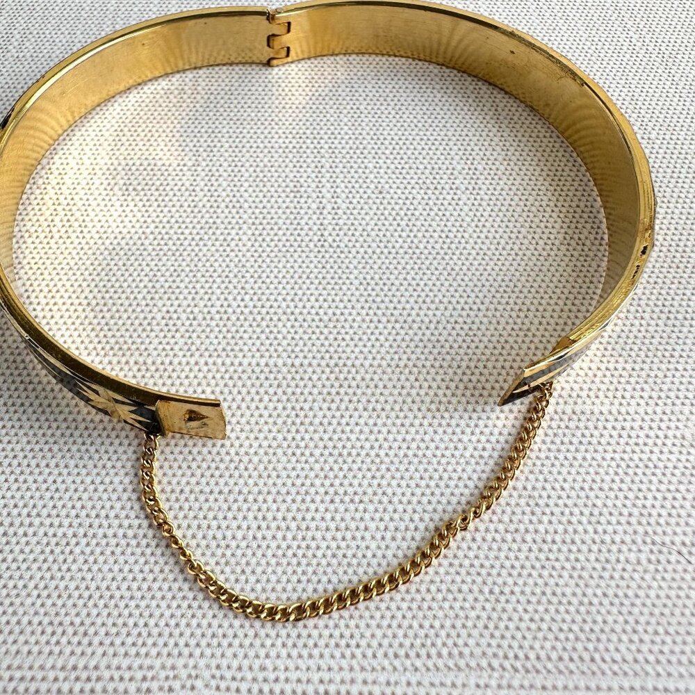 Black & Gold Enameled Hinged Bracelet with Star Etching and Safety Chain 7" - Picture 8 of 9
